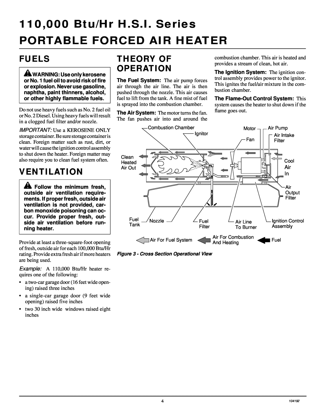 Desa REM110BT, R110BT Fuels, Theory Of Operation, Ventilation, 110,000 Btu/Hr H.S.I. Series, Portable Forced Air Heater 