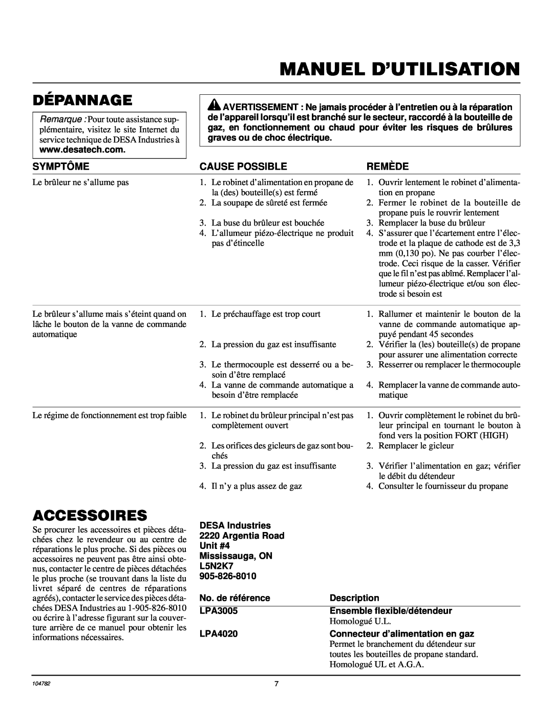 Desa RCCP200V Dépannage, Accessoires, Manuel D’Utilisation, Homologué U.L, Permet le branchement du détendeur sur 