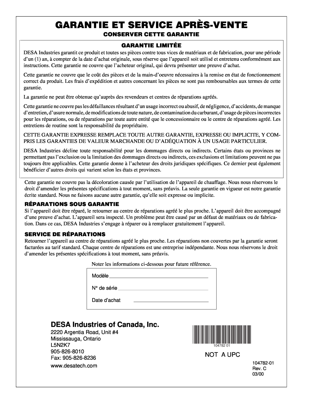 Desa RCCP200V Garantie Et Service Après-Vente, DESA Industries of Canada, Inc, Not A Upc, Réparations Sous Garantie 