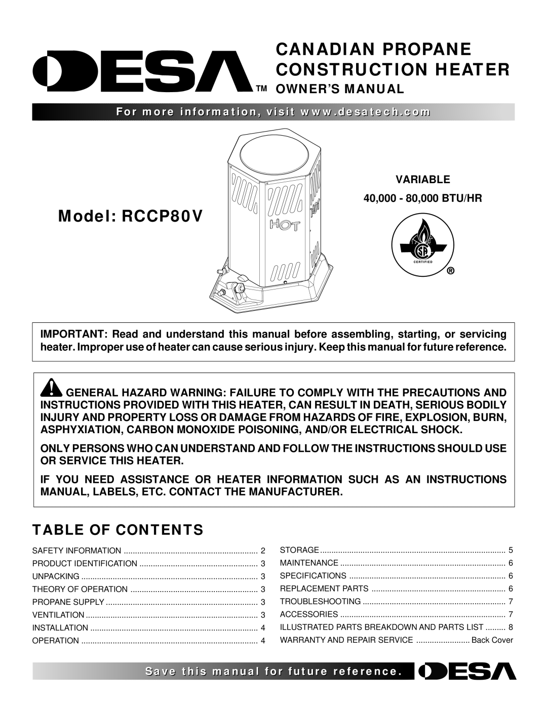 Desa RCCP80V owner manual Canadian Propane Construction Heater, Table of Contents 