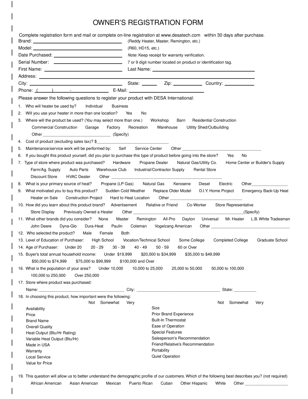 Desa RCCP80V owner manual Owners Registration Form 