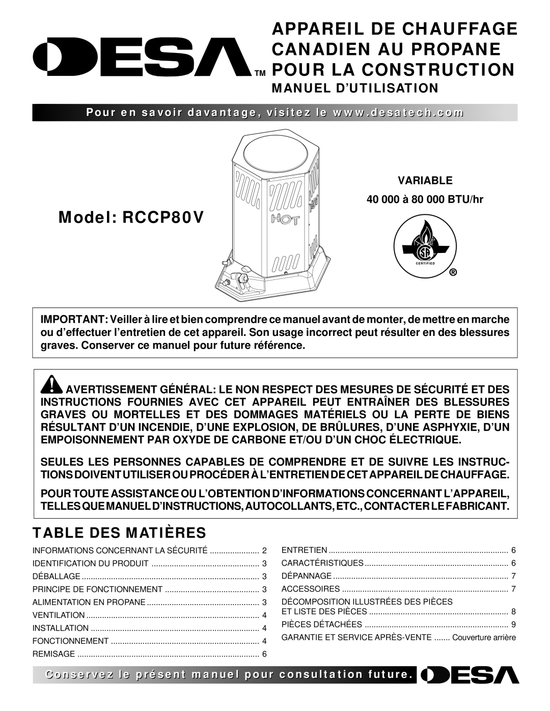 Desa RCCP80V owner manual Table DES Matières, Variable 