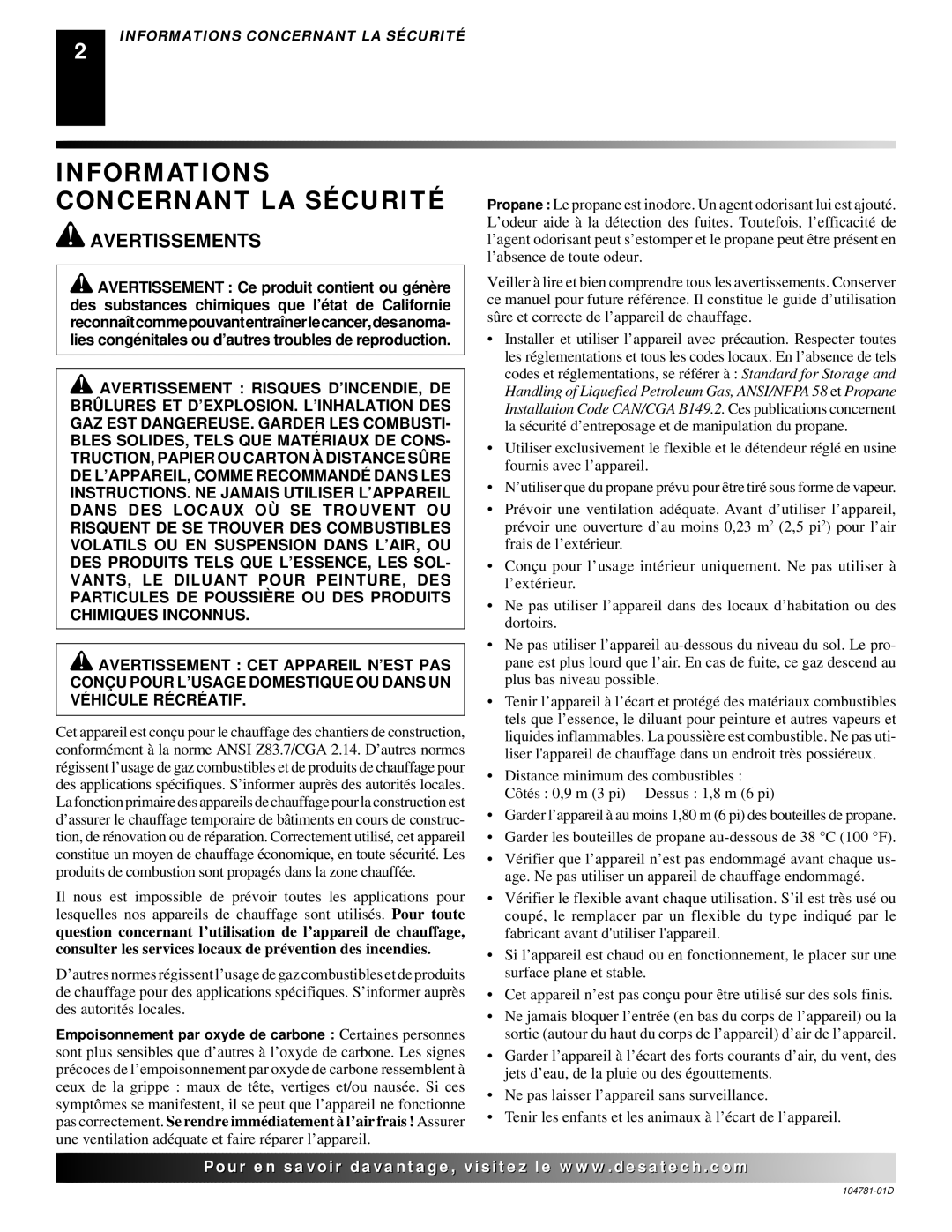 Desa RCCP80V owner manual Informations Concernant LA Sécurité, Avertissements 