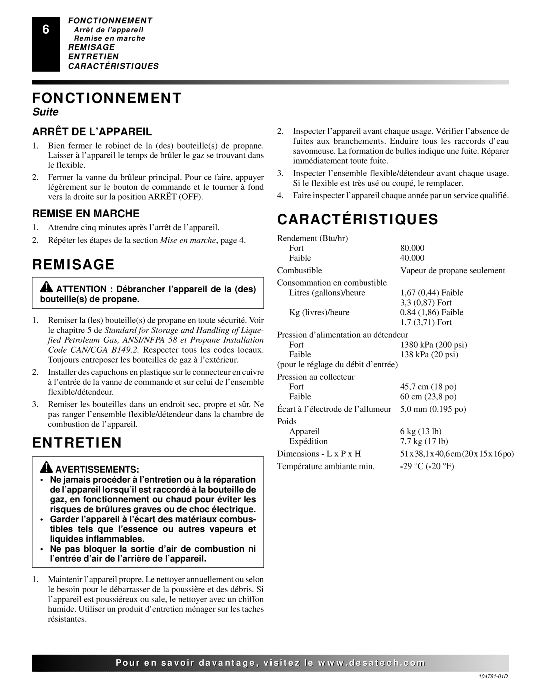 Desa RCCP80V owner manual Remisage, Entretien, Caractéristiques, Arrêt DE L’APPAREIL, Remise EN Marche 