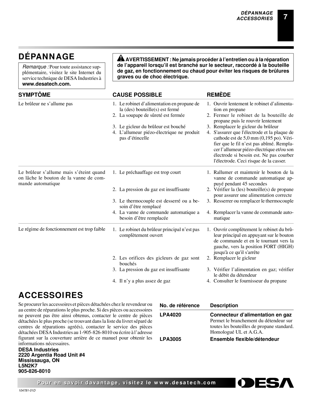 Desa RCCP80V owner manual Dépannage, Accessoires 