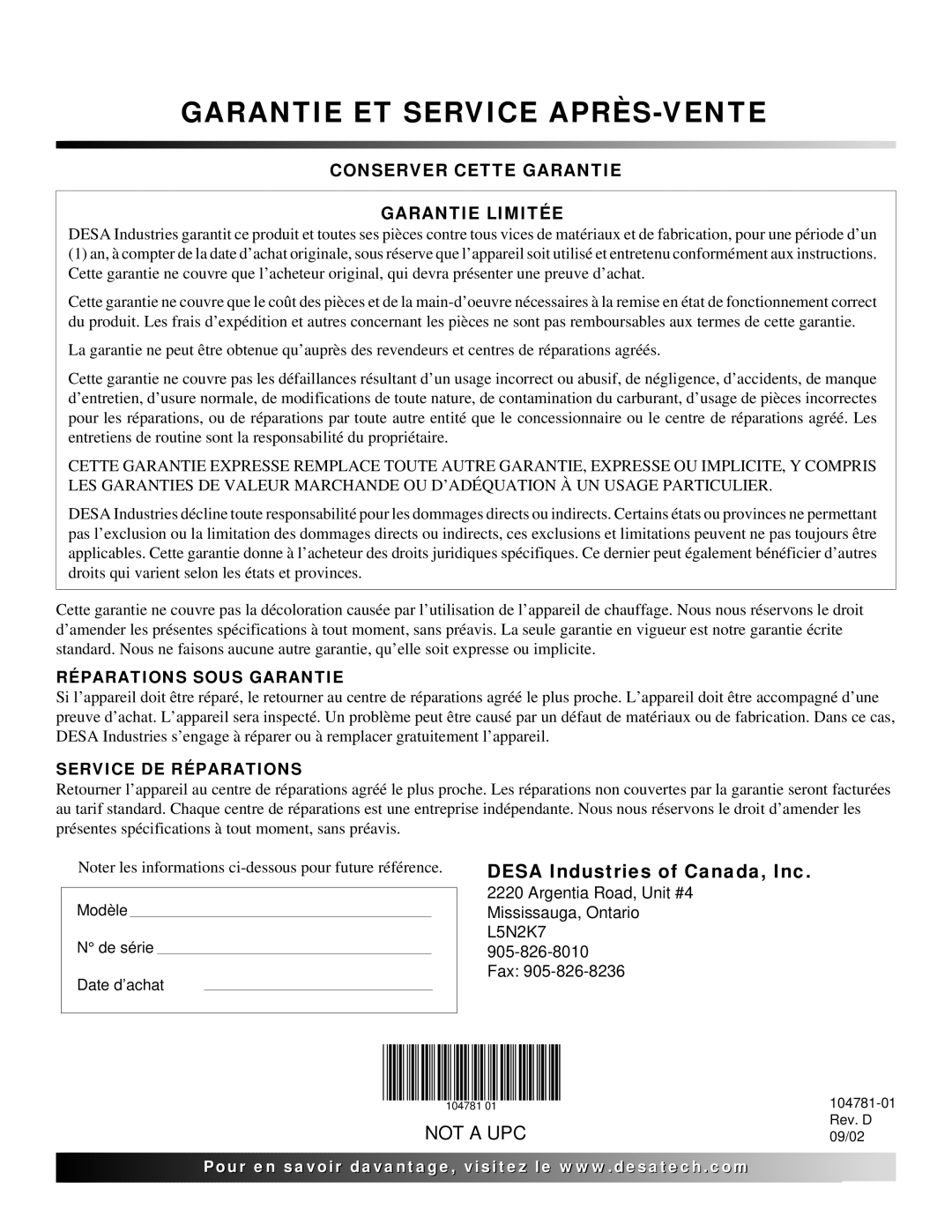 Desa RCCP80V owner manual Garantie ET Service APRÈS-VENTE 