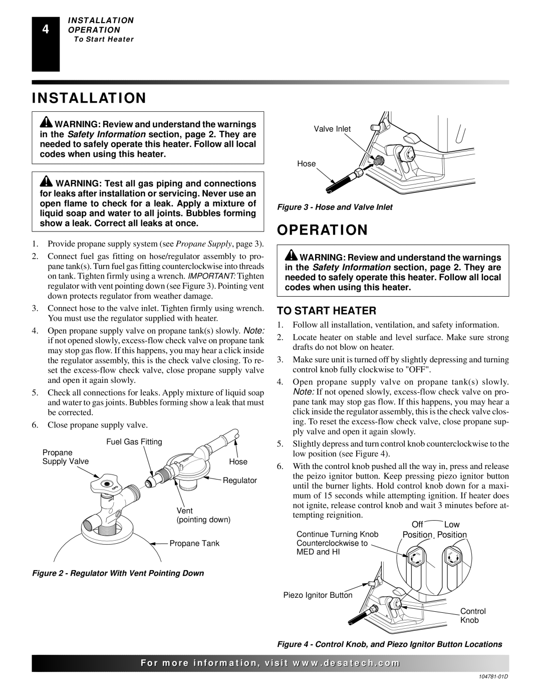 Desa RCCP80V owner manual Installation, Operation, To Start Heater 
