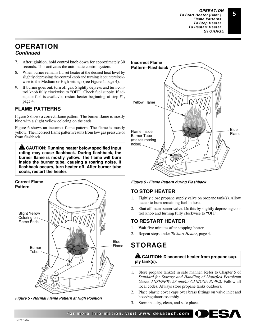 Desa RCCP80V owner manual Storage, Flame Patterns, To Stop Heater, To Restart Heater 
