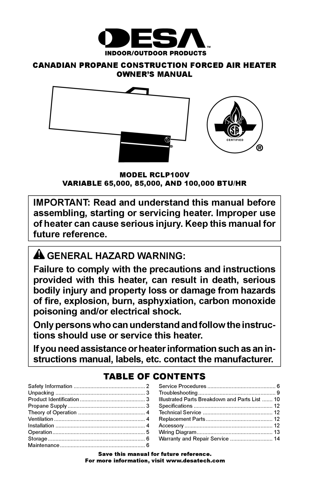 Desa RCLP100V owner manual General Hazard Warning, Table of Contents 