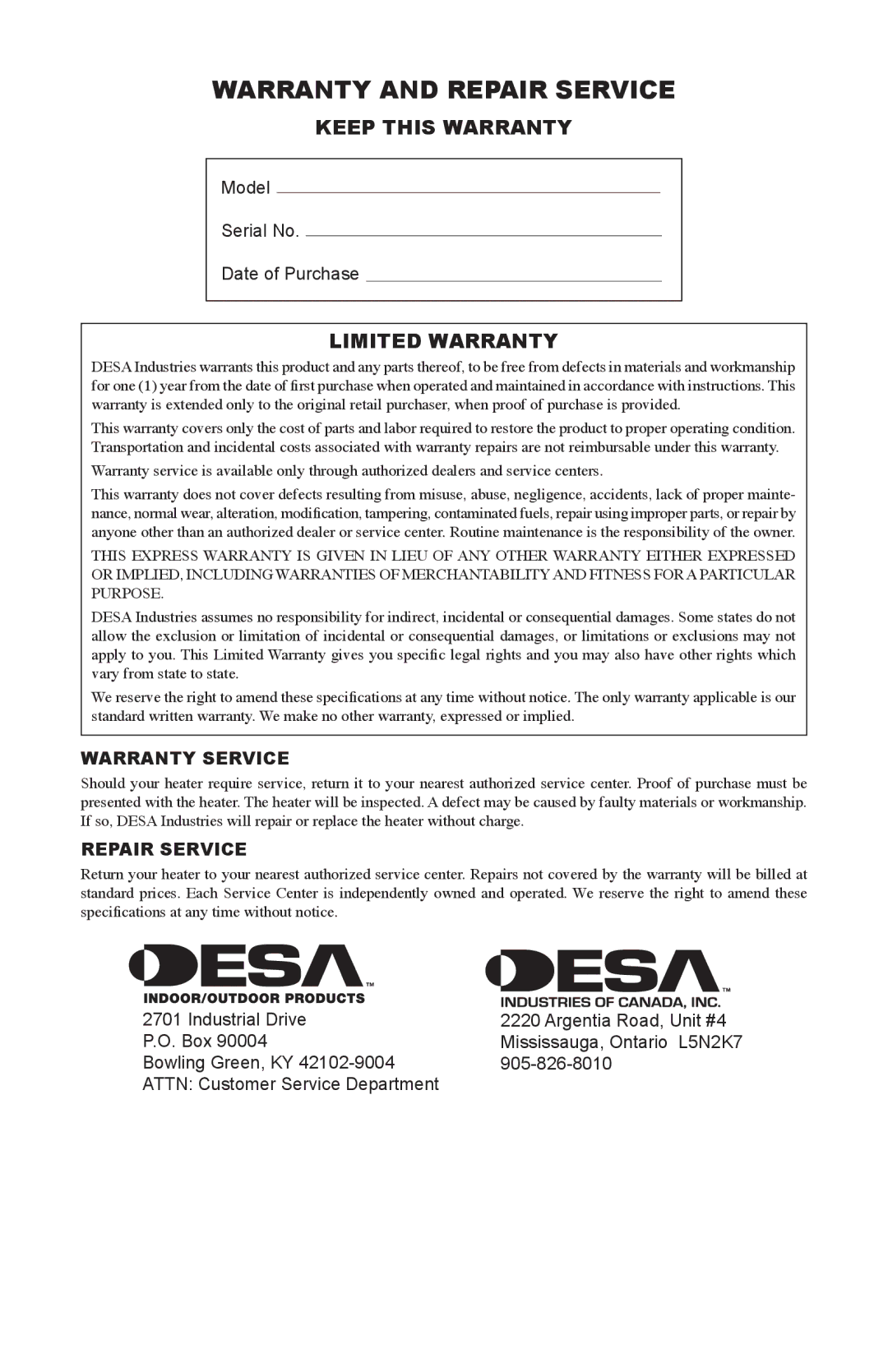 Desa RCLP100V owner manual Warranty and Repair Service, Keep this Warranty, Limited Warranty 