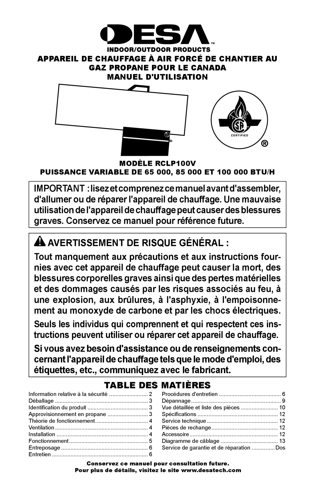 Desa owner manual Table DES Matières, Modèle RCLP100V 