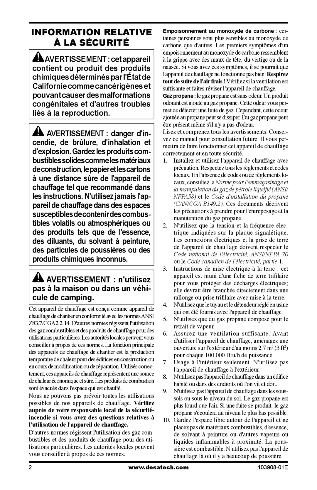 Desa RCLP100V owner manual Information Relative LA Sécurité 