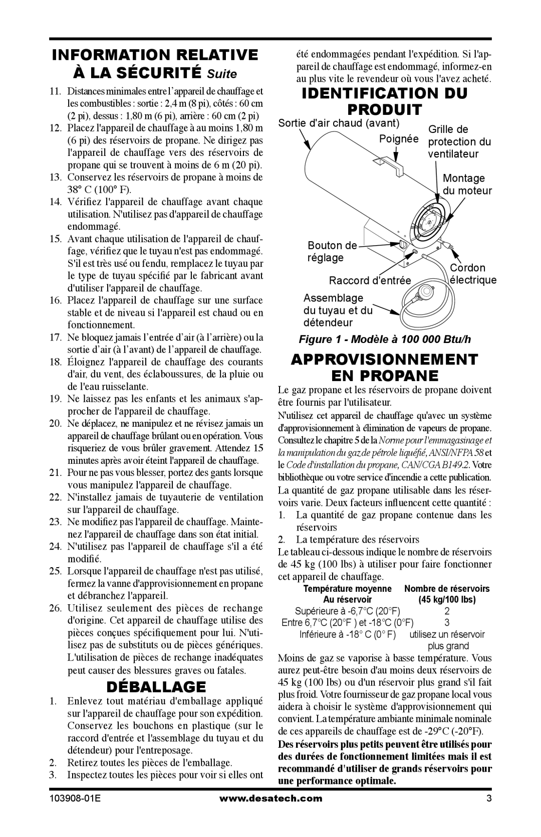 Desa RCLP100V owner manual Information Relative, Déballage, Identification DU Produit, Approvisionnement EN Propane 