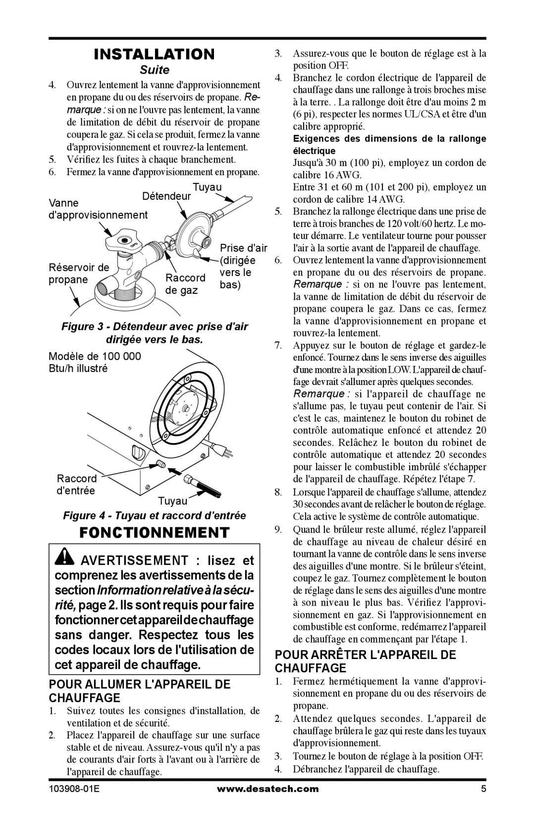 Desa RCLP100V owner manual Fonctionnement, Pour Allumer Lappareil DE Chauffage, Pour Arrêter Lappareil DE Chauffage 