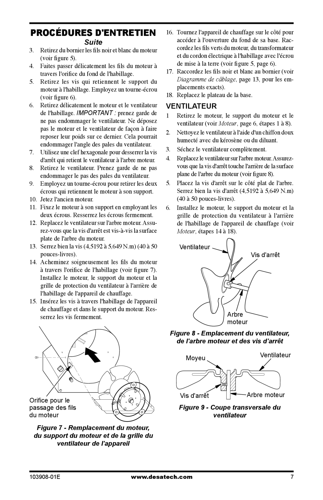 Desa RCLP100V owner manual Ventilateur, Jetez lancien moteur, Serrez bien la vis 4,5192 à 5,649 N.m 40 à 50 pouces-livres 