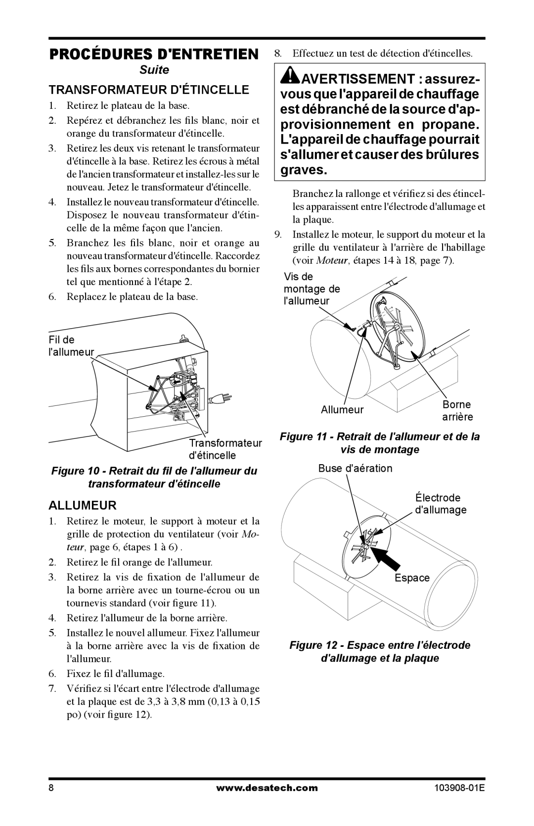 Desa RCLP100V owner manual Transformateur Détincelle, Allumeur 