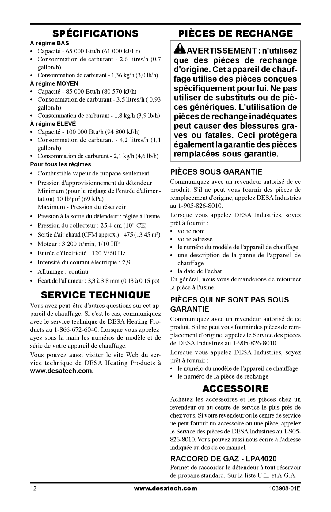 Desa RCLP100V owner manual Spécifications, Service Technique, Pièces DE Rechange, Accessoire 