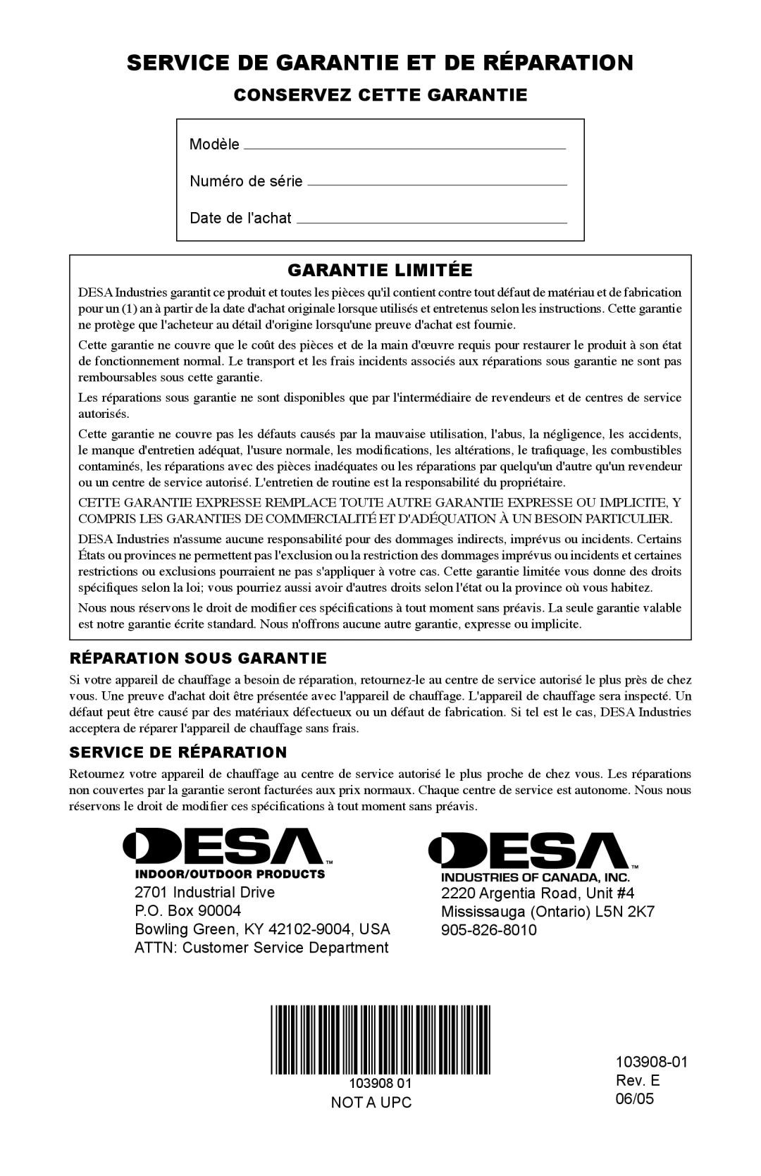 Desa RCLP100V owner manual Service DE Garantie ET DE Réparation, Conservez Cette Garantie, Garantie Limitée 