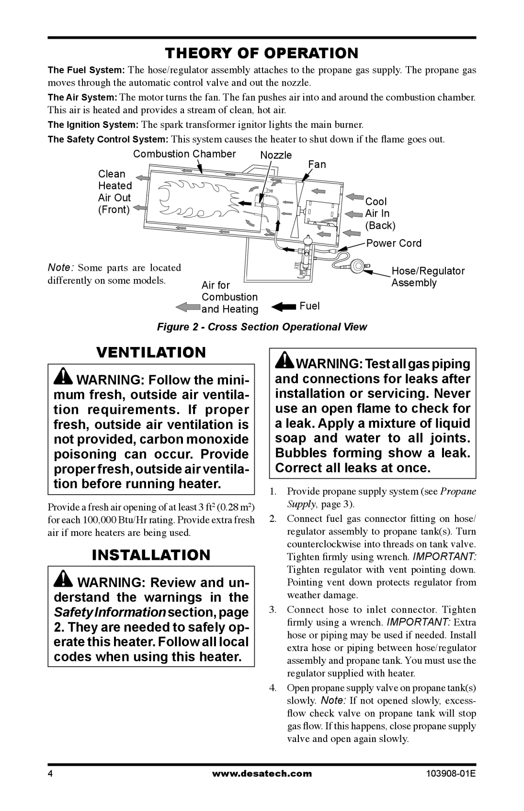 Desa RCLP100V owner manual Theory of Operation, Ventilation, Installation, Provide propane supply system see Propane Supply 