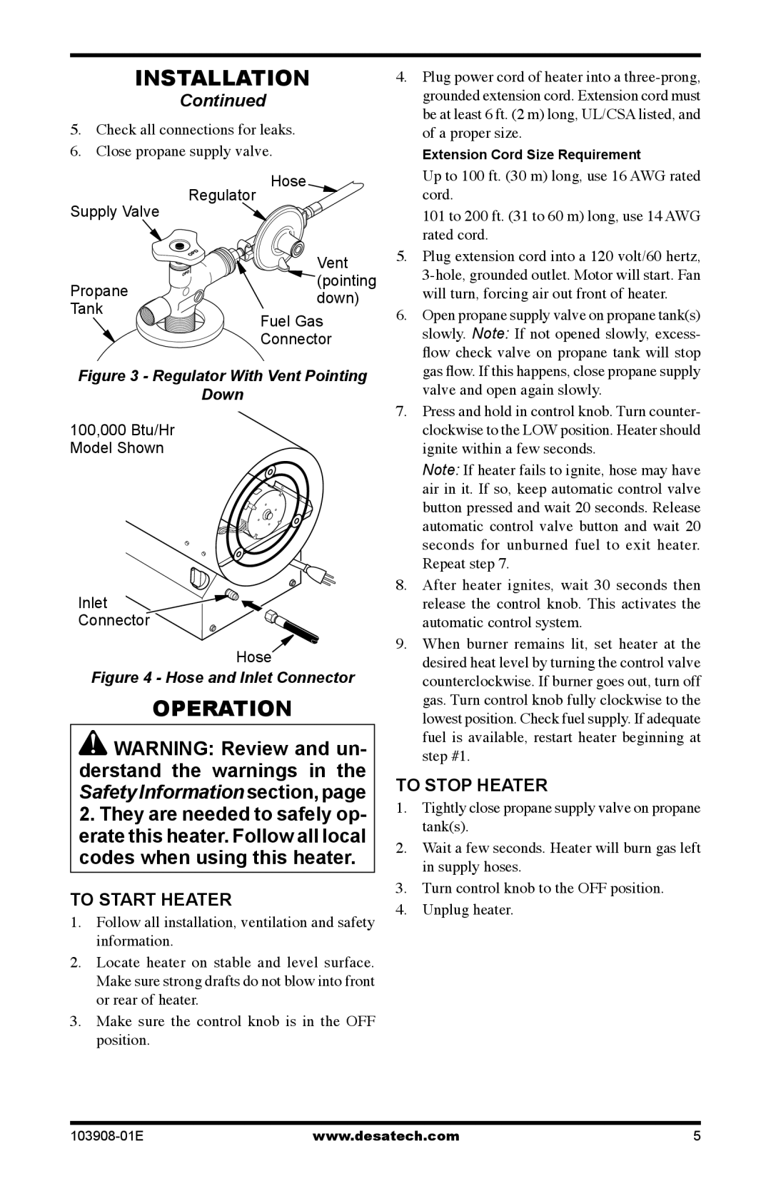 Desa RCLP100V Operation, To Start Heater, To Stop Heater, Check all connections for leaks Close propane supply valve 