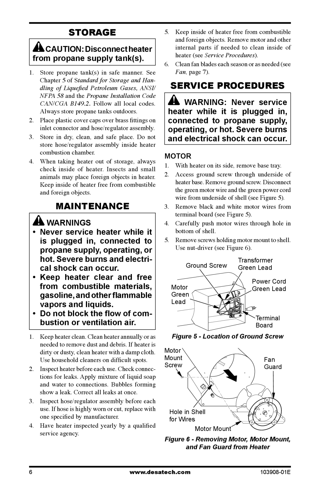 Desa RCLP100V owner manual Storage, Maintenance, Service Procedures, Motor 