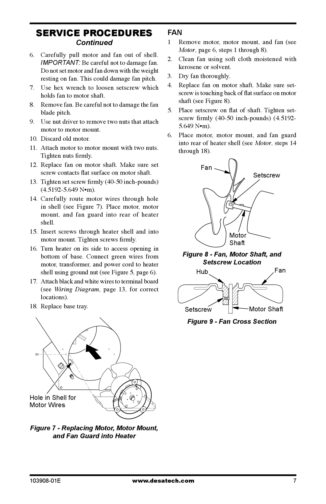 Desa RCLP100V owner manual Fan, Replacing Motor, Motor Mount 