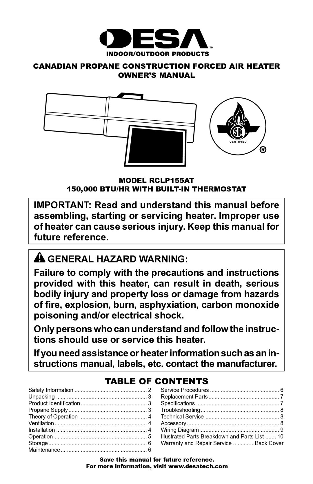 Desa RCLP155AT owner manual General Hazard Warning, Table of Contents 