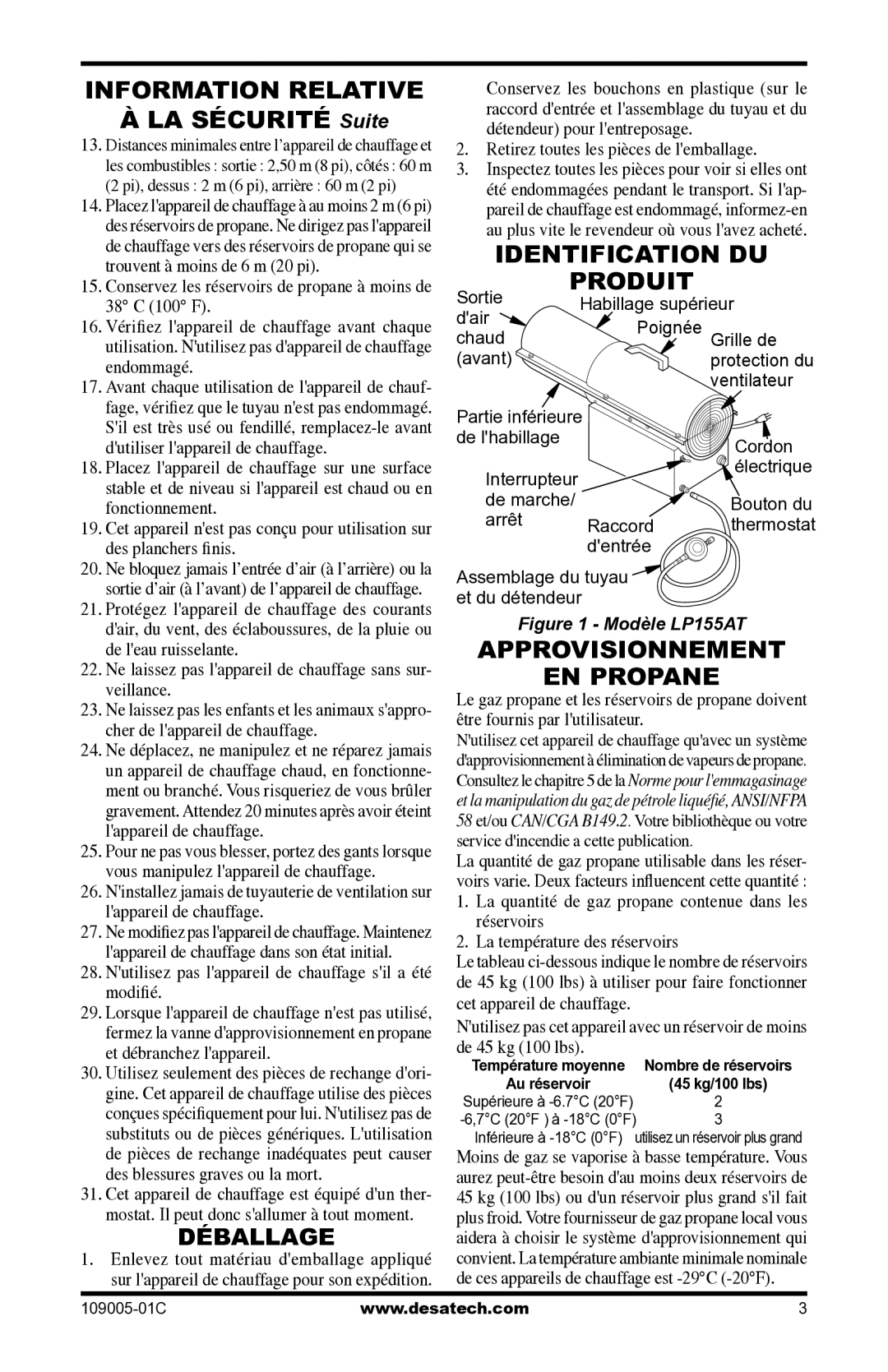 Desa RCLP155AT Information Relative, Approvisionnement EN Propane, Nutilisez pas lappareil de chauffage sil a été modiﬁé 