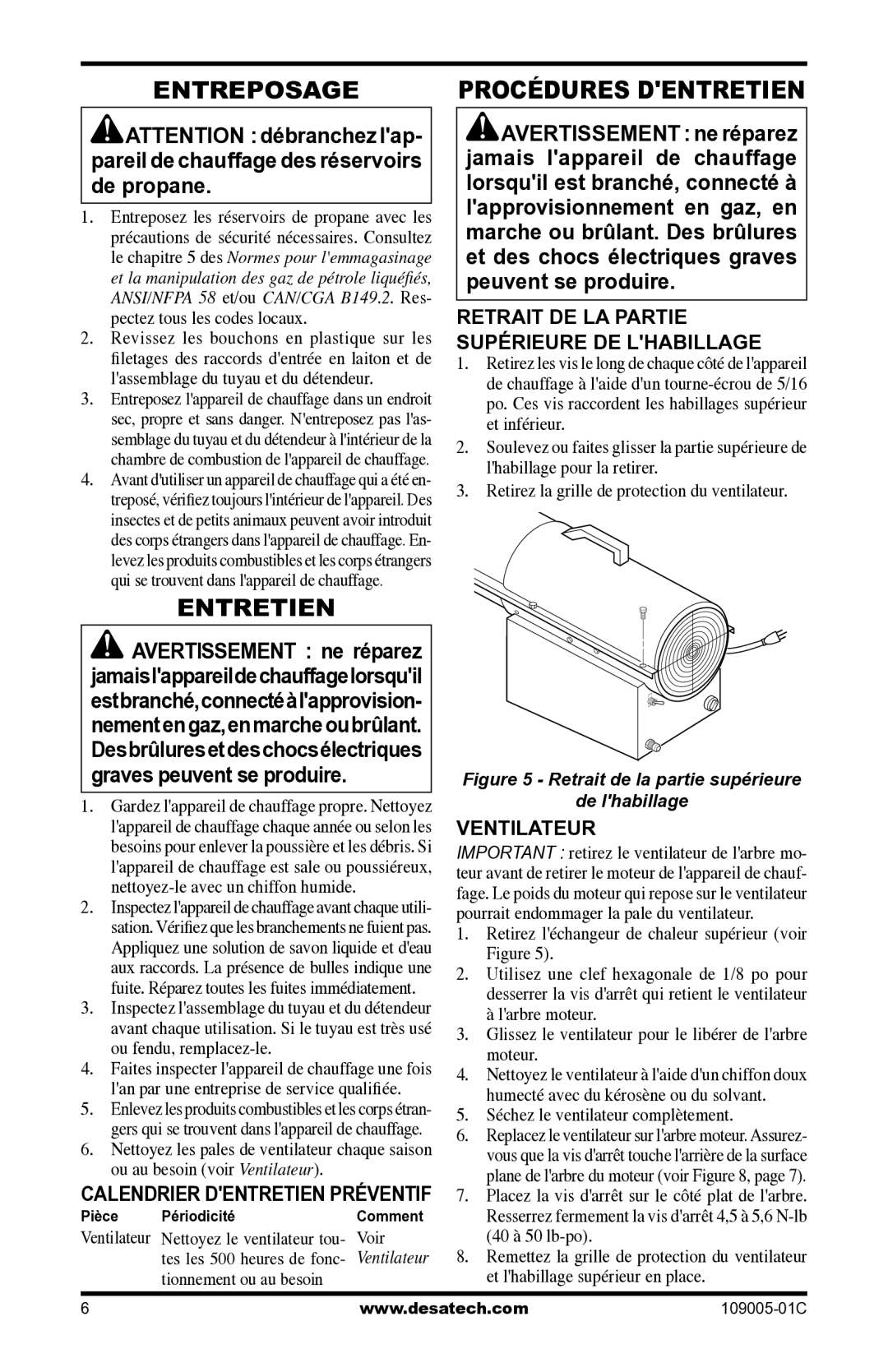 Desa RCLP155AT owner manual Entreposage, Entretien, Procédures Dentretien 