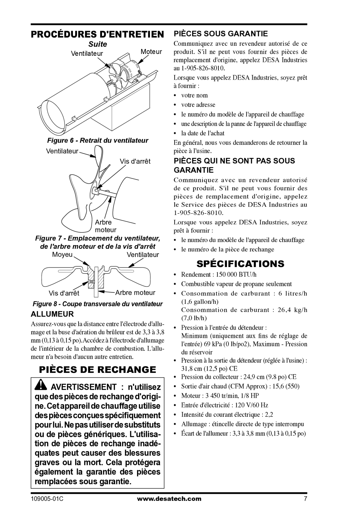 Desa RCLP155AT Pièces DE Rechange, Spécifications, Allumeur, Pièces Sous Garantie, Pièces QUI NE Sont PAS Sous Garantie 