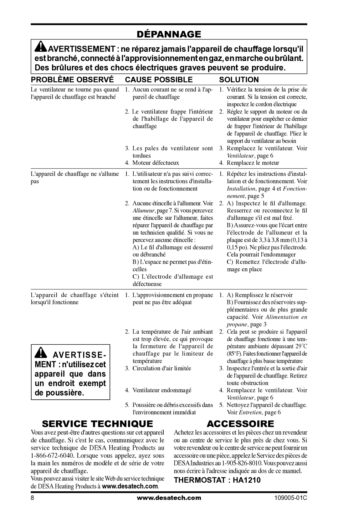 Desa RCLP155AT owner manual Dépannage, Service Technique, Accessoire, Problème Observé Cause Possible Solution 