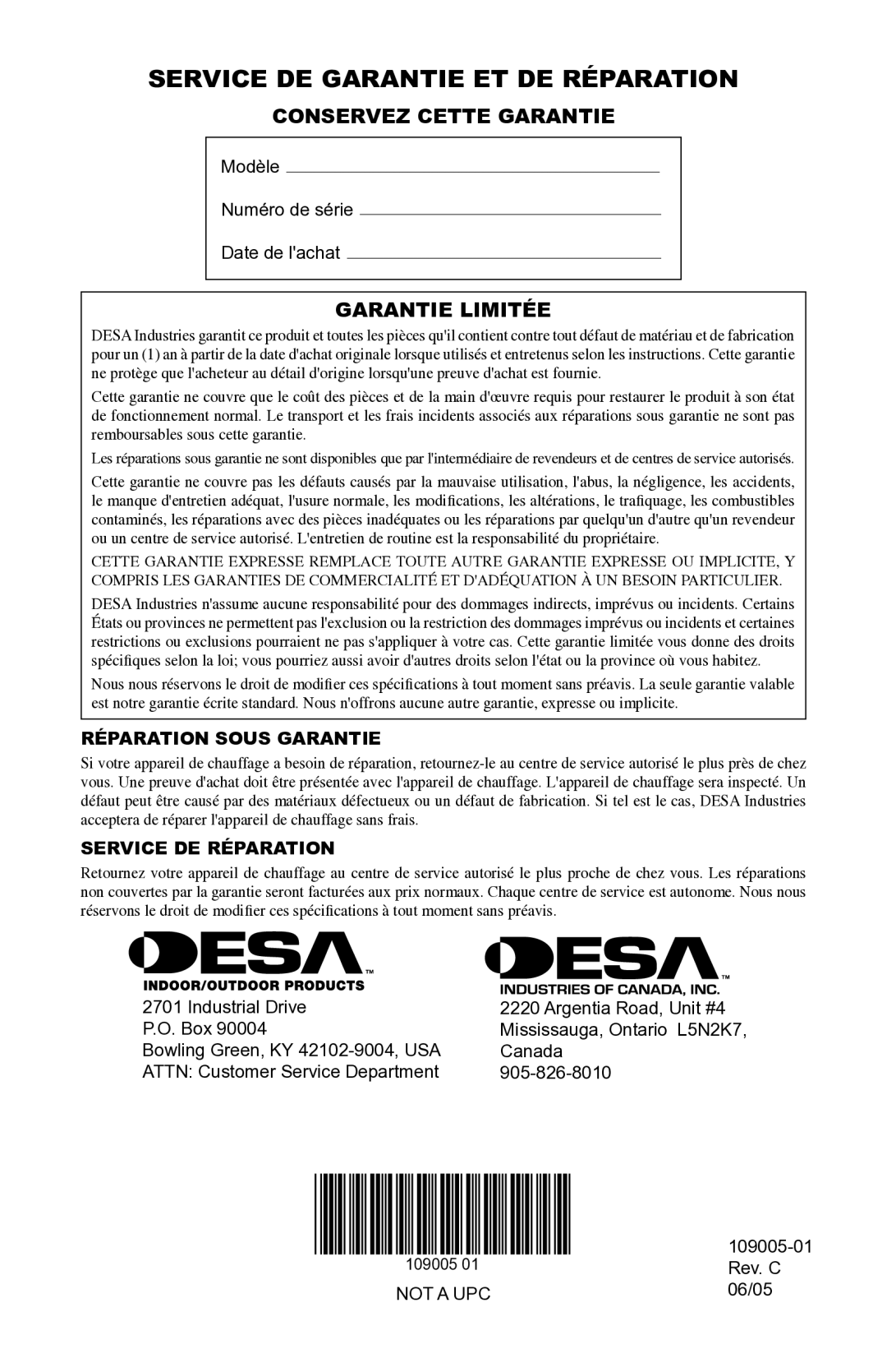 Desa RCLP155AT owner manual Service DE Garantie ET DE Réparation, Conservez Cette Garantie, Garantie Limitée 