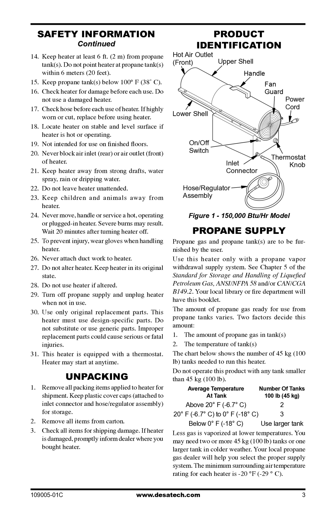 Desa RCLP155AT owner manual Unpacking, Product Identification, Propane Supply 