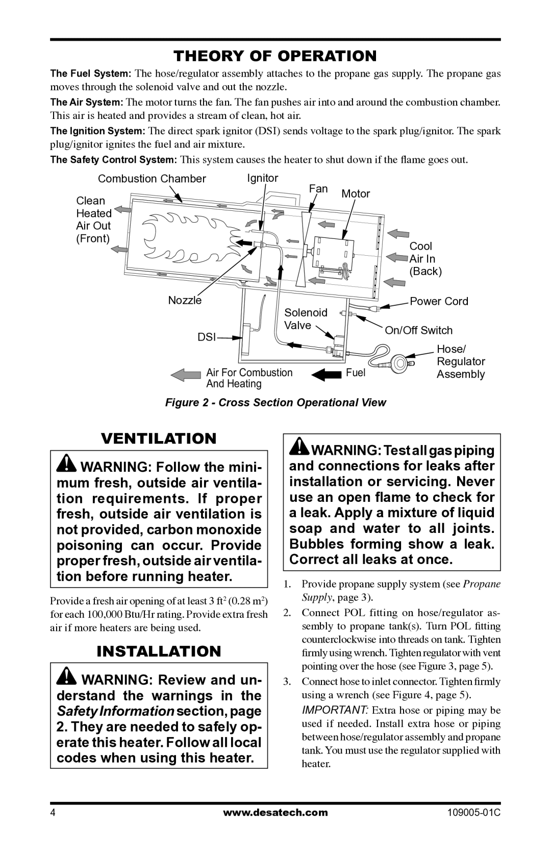 Desa RCLP155AT Theory of Operation, Ventilation, Installation, Provide propane supply system see Propane Supply 