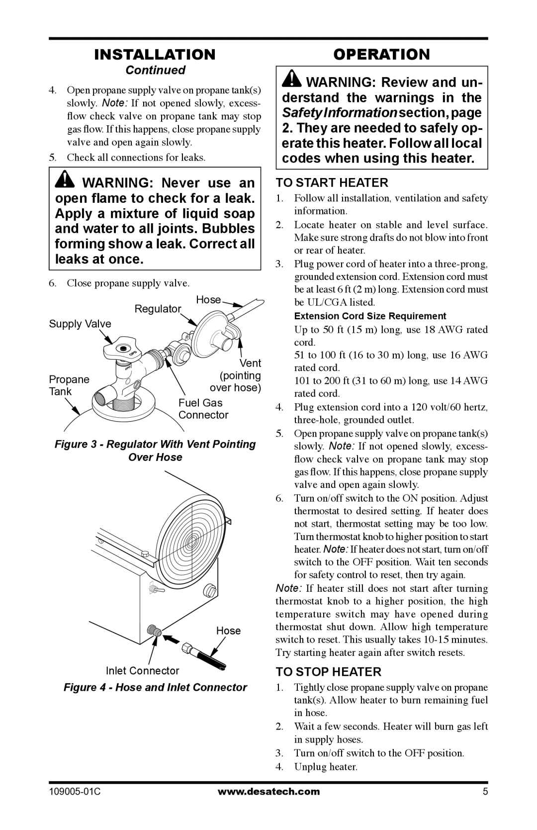 Desa RCLP155AT Operation, To Start Heater, To Stop Heater, Check all connections for leaks, Close propane supply valve 