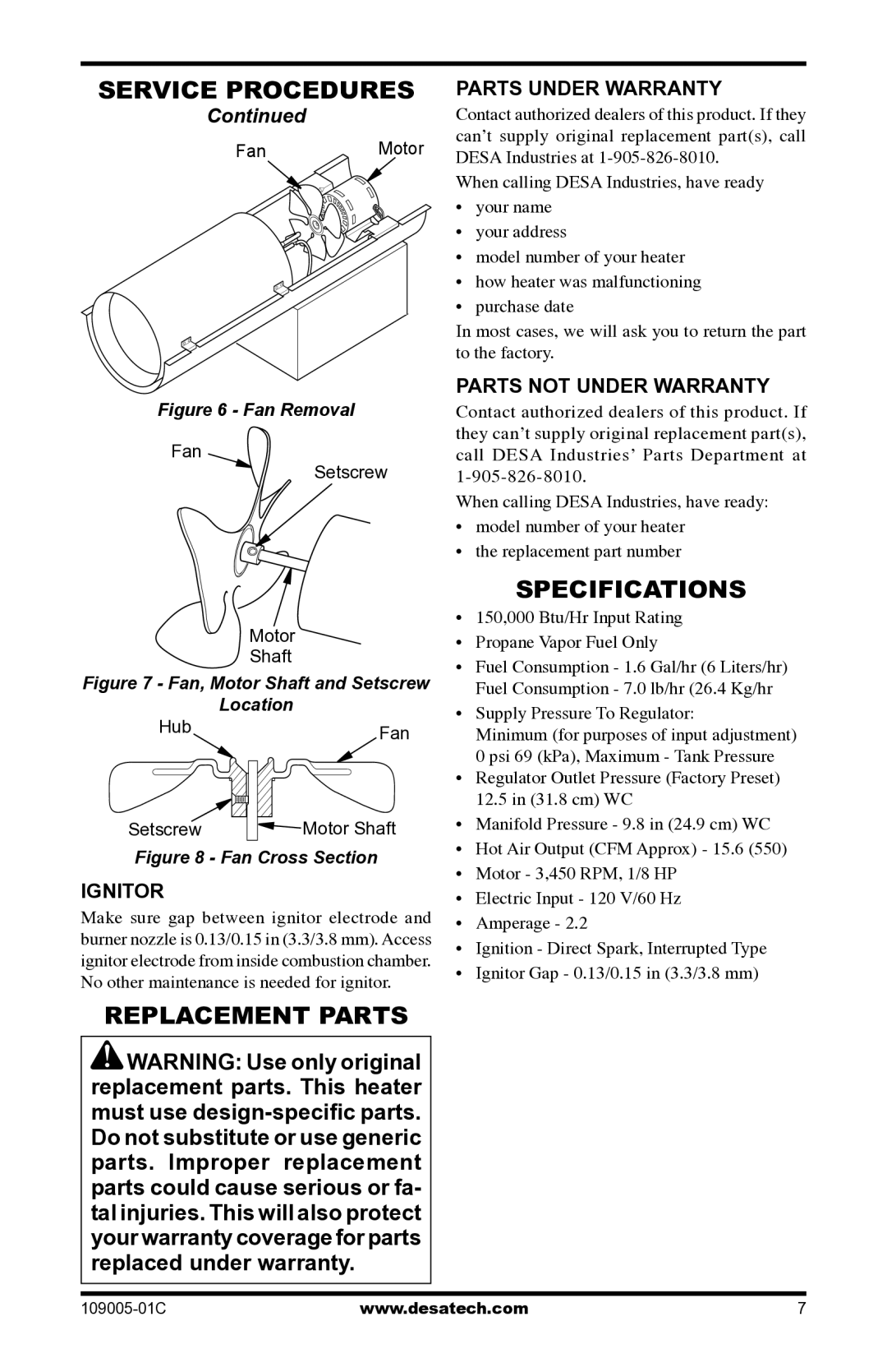 Desa RCLP155AT owner manual Replacement Parts, Specifications, Ignitor, Parts Under Warranty, Parts not Under Warranty 