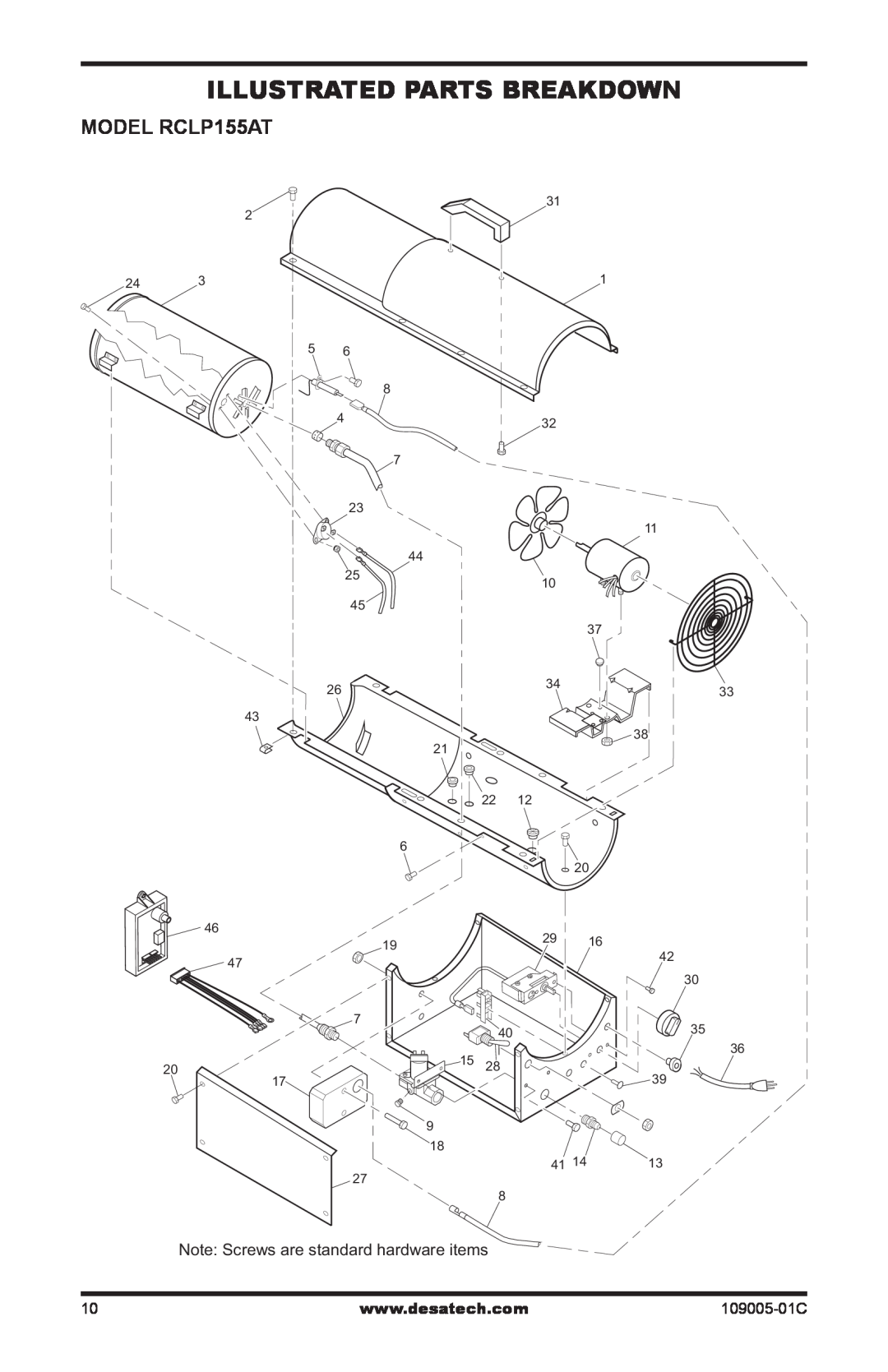 Desa owner manual Illustrated Parts Breakdown, MODEL RCLP155AT, Note Screws are standard hardware items 