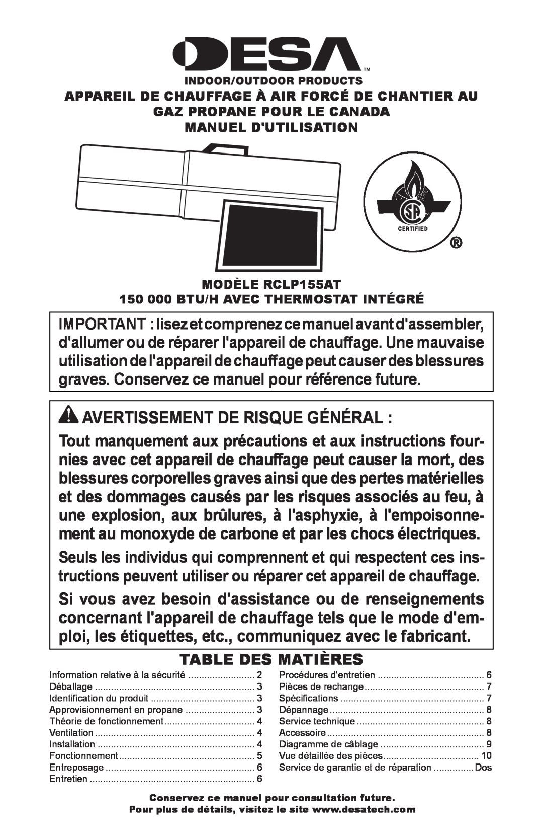 Desa RCLP155AT Avertissement De Risque Général, Table Des Matières, Appareil De Chauffage À Air Forcé De Chantier Au 