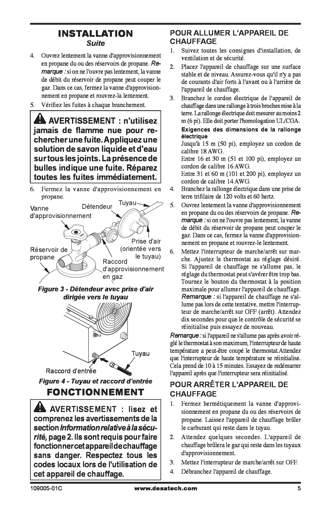 Desa RCLP155AT owner manual Installation, Suite, Pour Allumer Lappareil De Chauffage, Pour Arrêter Lappareil De Chauffage 