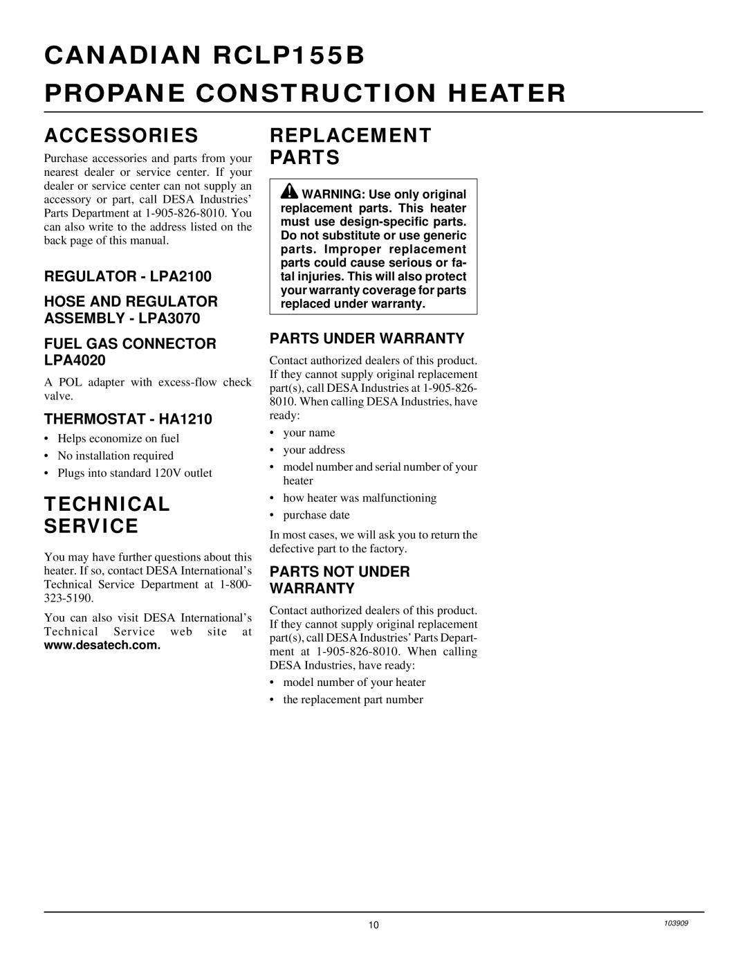 Desa RCLP155B owner manual Accessories, Technical Service, Replacement Parts 