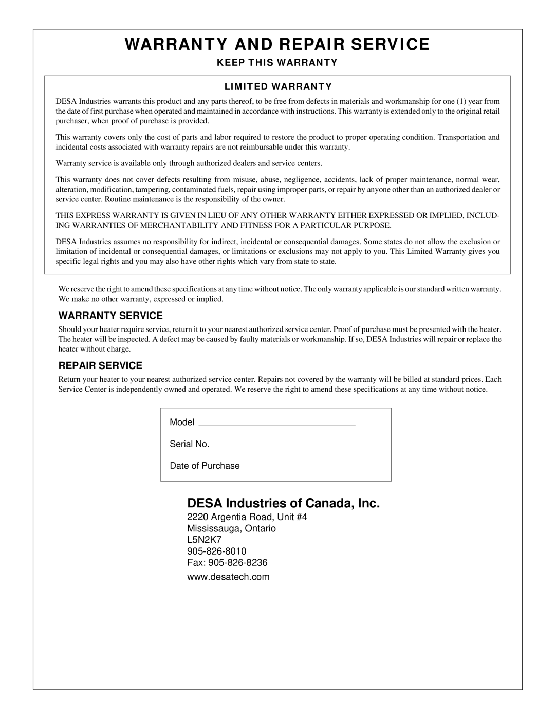 Desa RCLP155B owner manual Warranty and Repair Service 