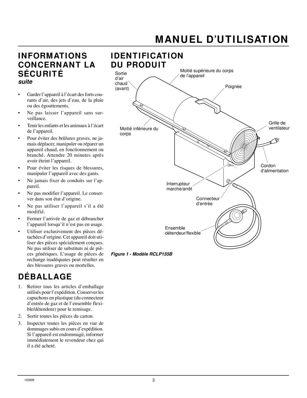 Desa RCLP155B owner manual Déballage, Identification DU Produit 