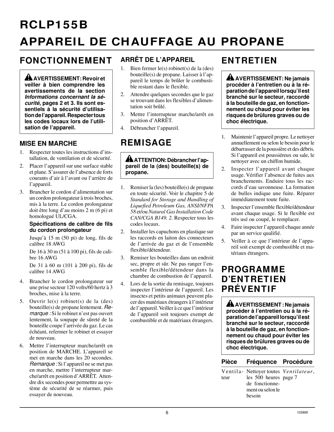 Desa RCLP155B owner manual Fonctionnement, Remisage, Entretien, Programme ’ENTRETIEN Préventif 