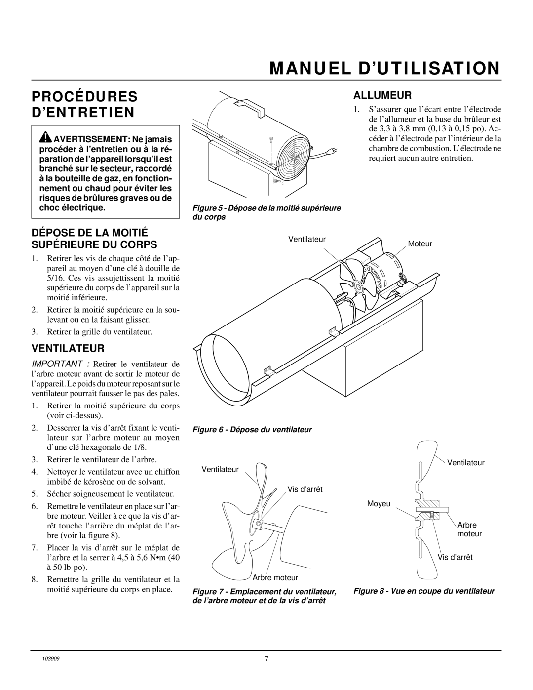 Desa RCLP155B owner manual Procédures ’ENTRETIEN, Ventilateur, Allumeur 