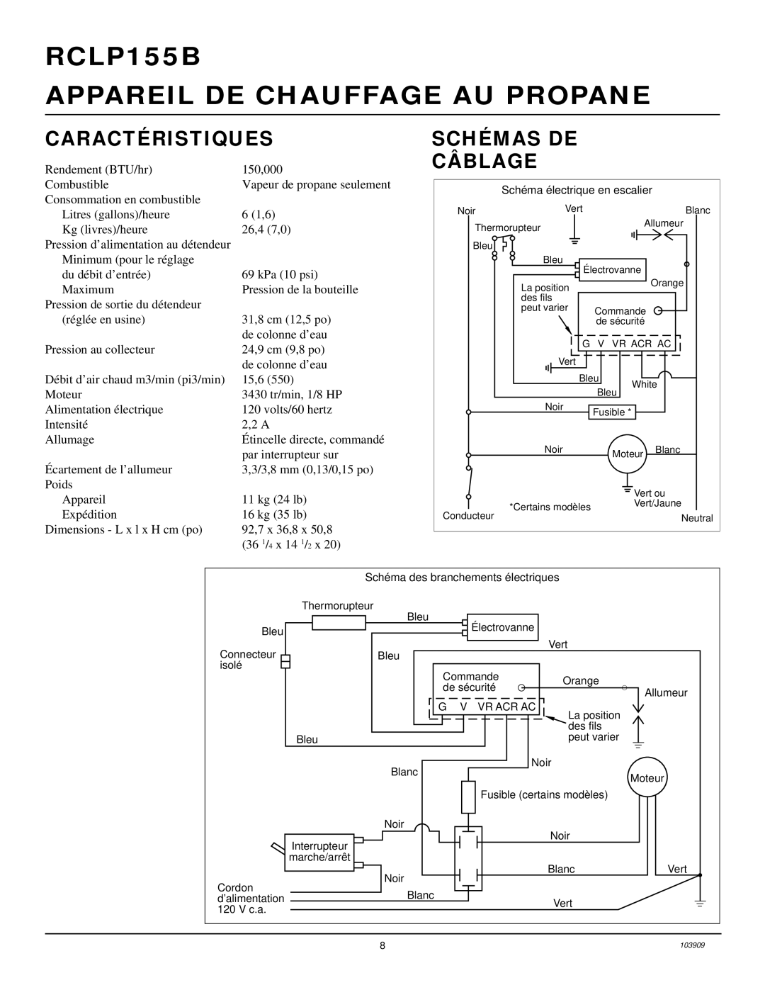 Desa RCLP155B owner manual Caractéristiques Schémas DE, Câblage 