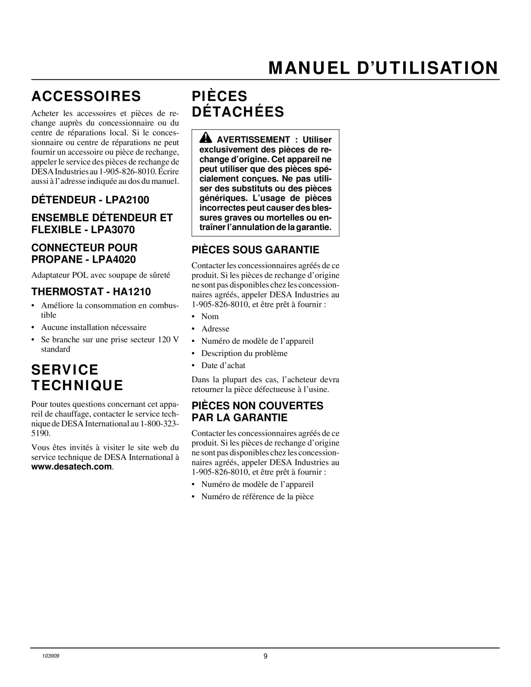 Desa RCLP155B Accessoires, Service Technique, Pièces Détachées, Pièces Sous Garantie, Pièces NON Couvertes PAR LA Garantie 