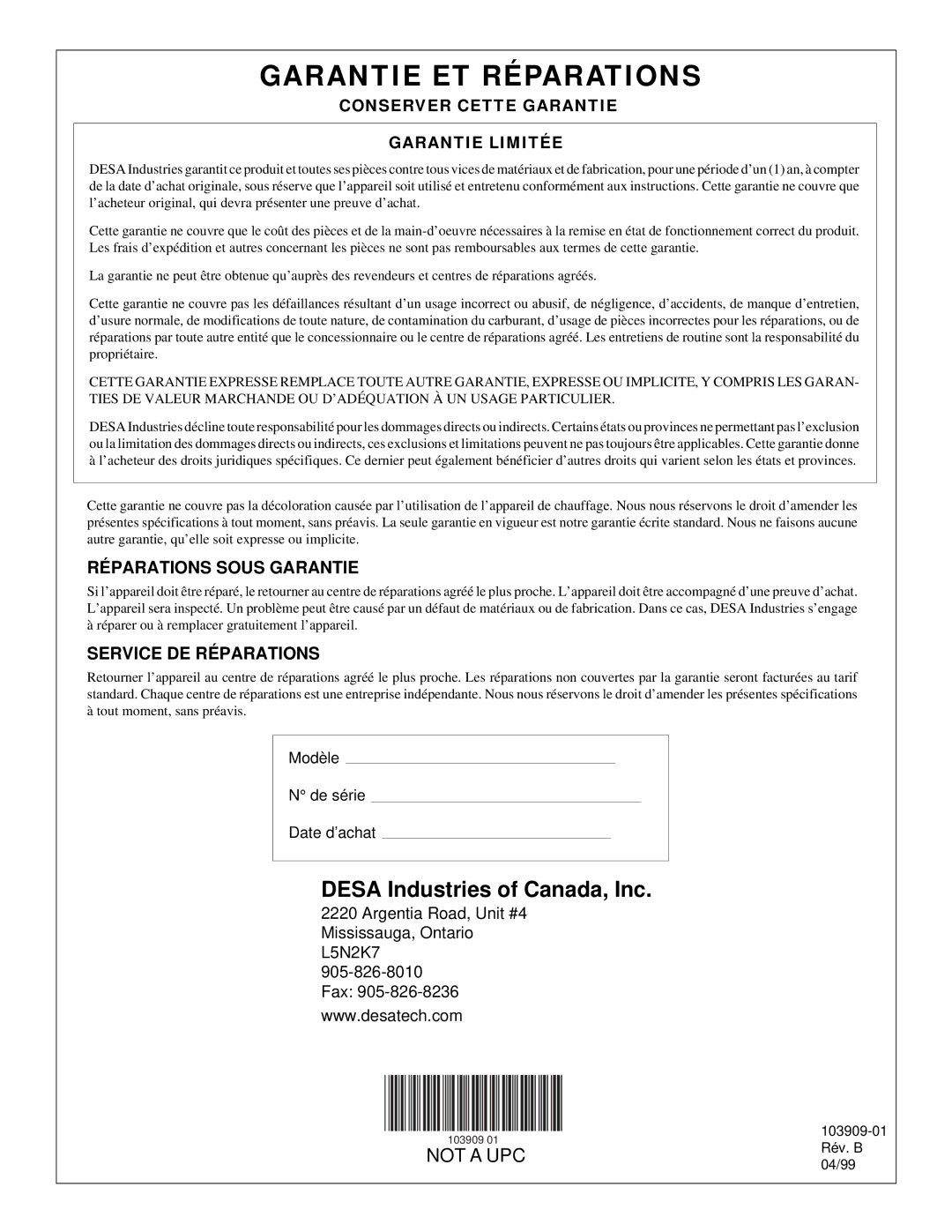 Desa RCLP155B owner manual Garantie ET Réparations 