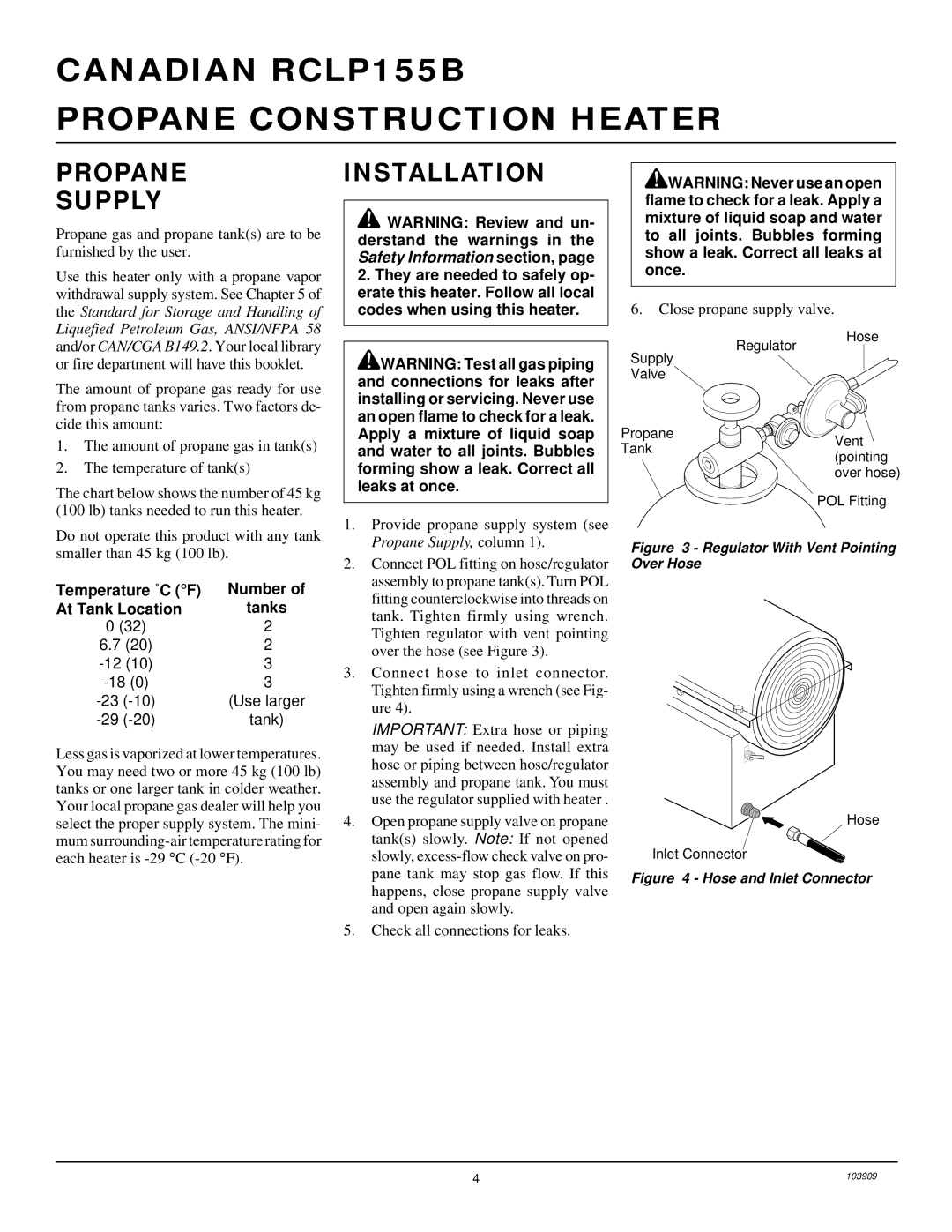 Desa RCLP155B owner manual Propane Supply, Installation, Temperature ˚C F Number At Tank Location Tanks 