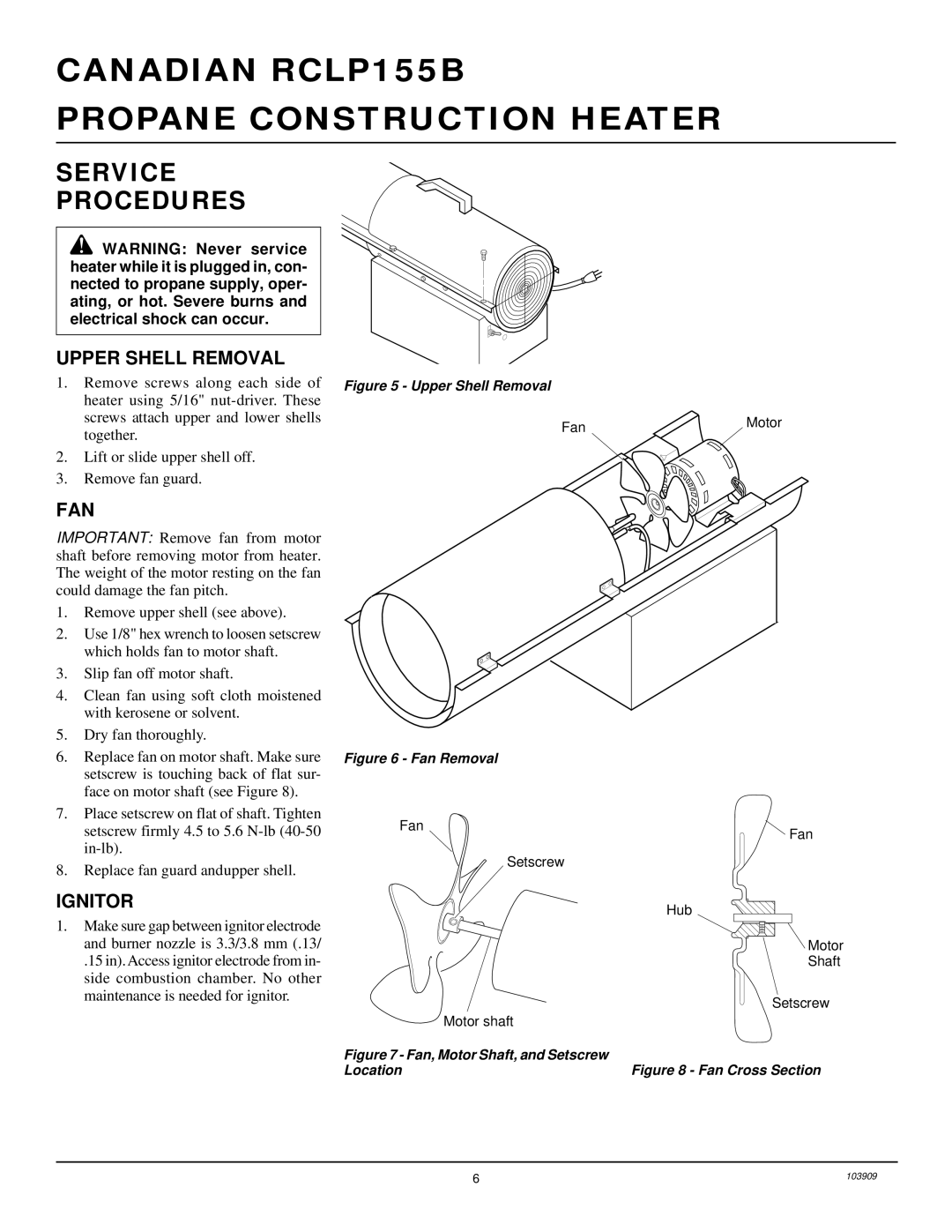 Desa RCLP155B owner manual Service Procedures, Upper Shell Removal, Fan, Ignitor 