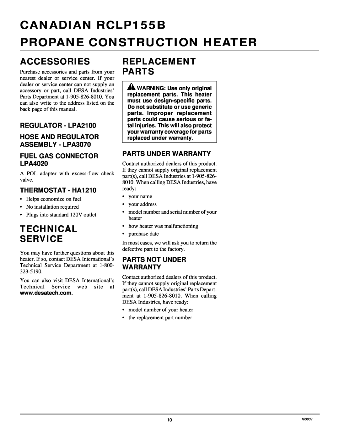 Desa RCLP155B Accessories, Technical Service, Replacement Parts, REGULATOR - LPA2100 HOSE AND REGULATOR ASSEMBLY - LPA3070 